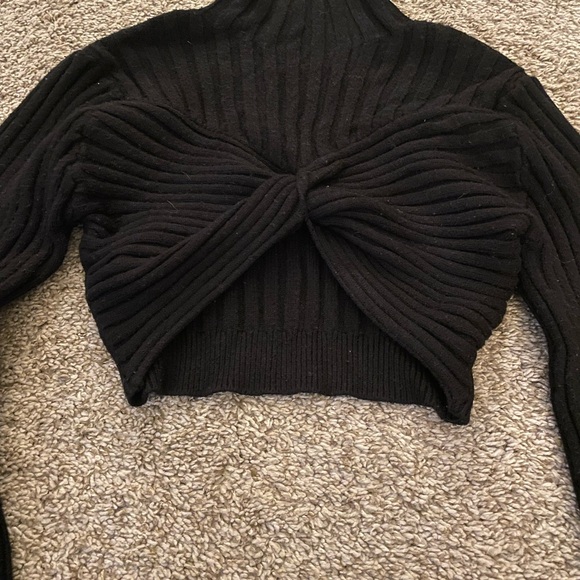 Anthropologie Black Crop Ribbed Knit Sweater with Twist Front - Picture 2 of 10